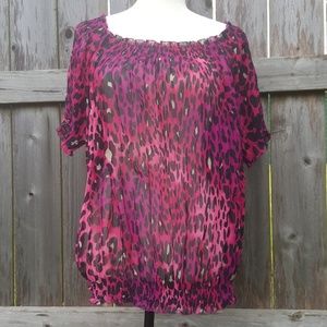 Worthington Sheer Pink Top Animal Print Pink 1X XL